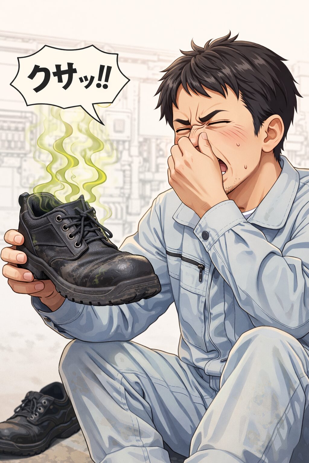 安全靴の足の臭いに悩む工場勤務の男性